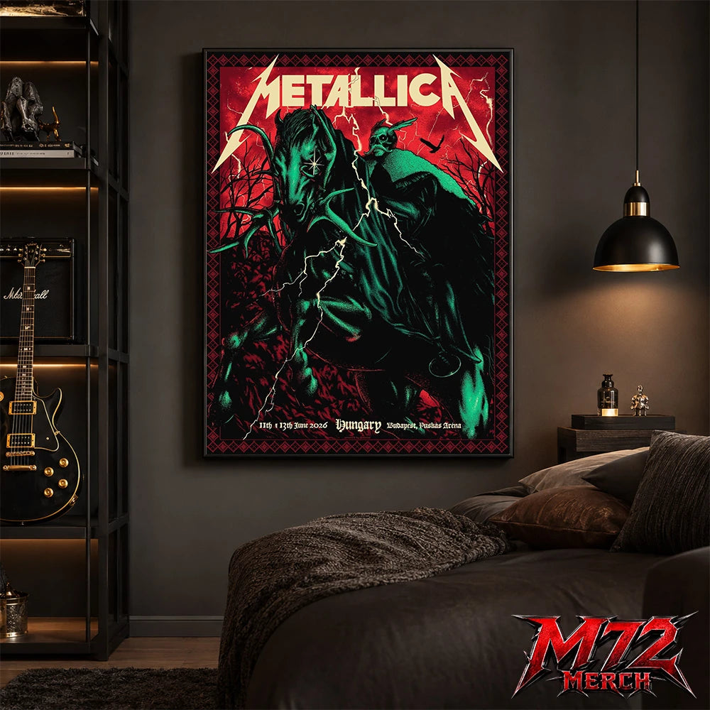 Metallica World Tour M72 June 11 & 13 2026 Budapest Hungary Puskás Aréna Horseman Lightning Canvas Poster